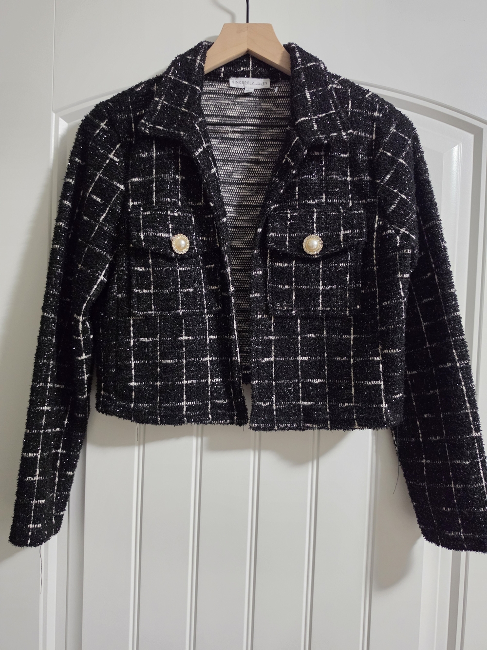 Sincerely Jules Black & White Tweed Cropped Blazer with Pearl Buttons